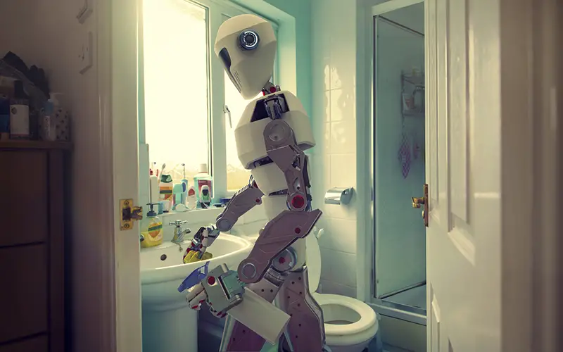 Robot autónomo haciendo tareas de limpieza doméstica en el baño de la casa