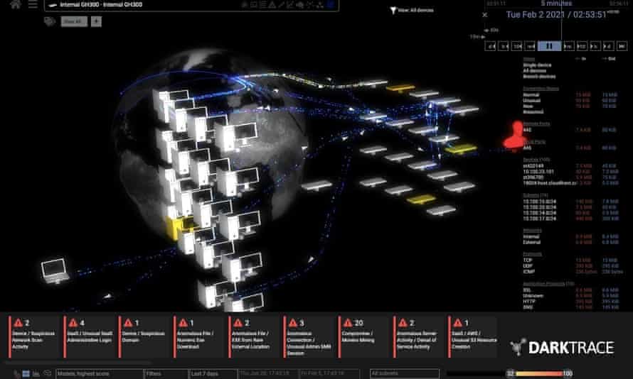 El visualizador de amenazas Darktrace, que proporciona una visualización gráfica de la propagación de una actividad inusual desde un dispositivo infectado.