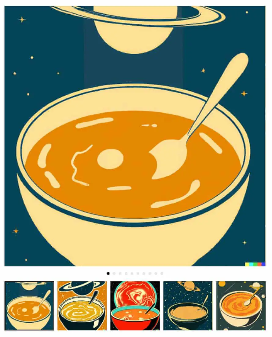 “Un plato de sopa como un planeta en el universo como un cartel de los años 60” generado por DALL•E 2