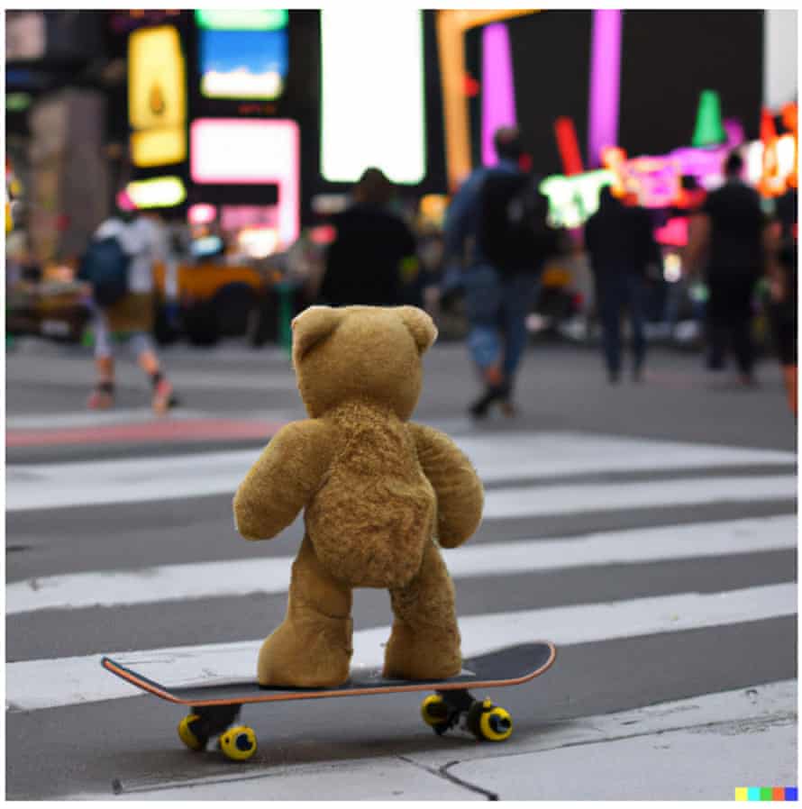 “un oso de peluche en una patineta en times square”, generado por DALL•E 2