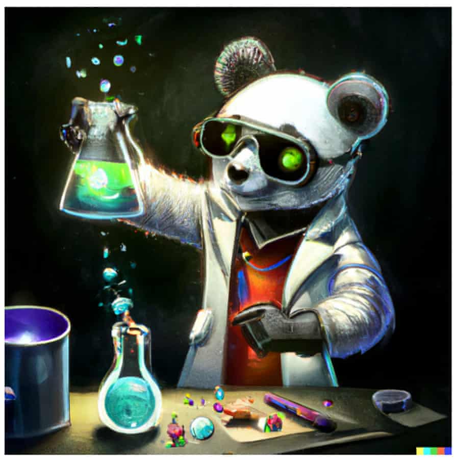 “panda científico loco mezclando productos químicos espumosos, artstation”, generado por DALL•E 2