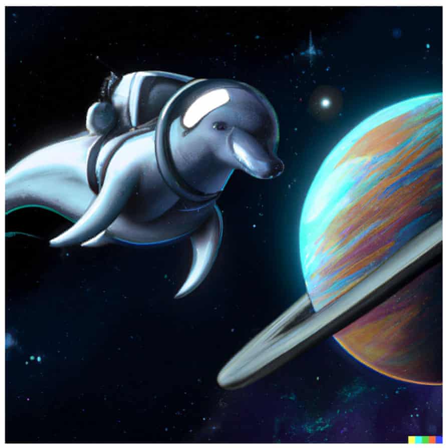 “un delfín con traje de astronauta en saturno, artstation”, generado por DALL•E 2