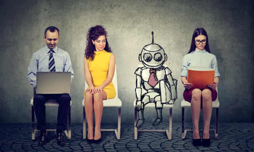 Robot de dibujos animados sentado en fila con los solicitantes de una entrevista de trabajo