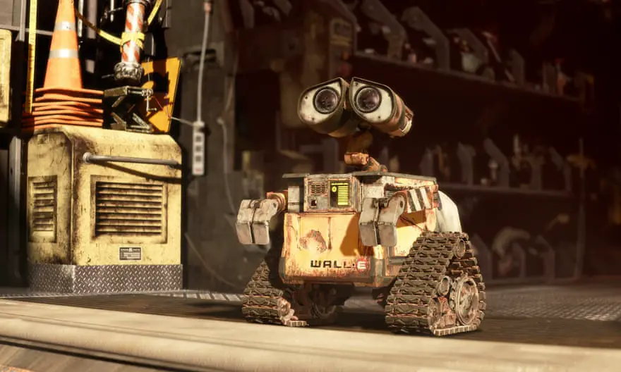 escena de la película de Pixar con Wall-E mirando hacia afuera