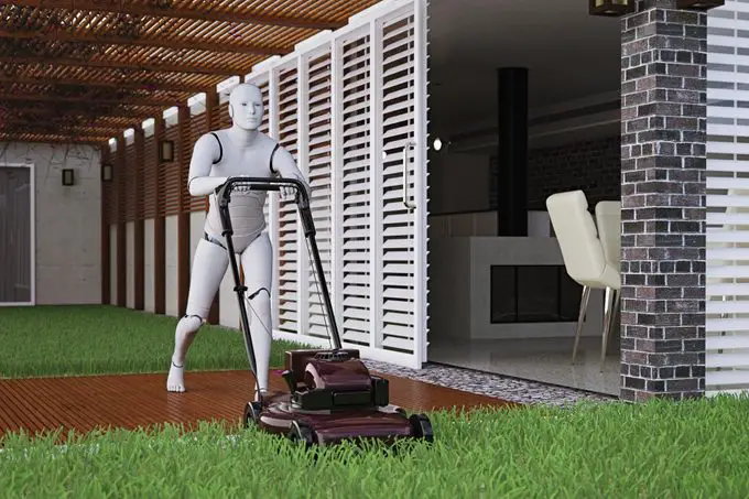 desgarramiento de un hombre robot futurista cortando hierba con cortadora de césped