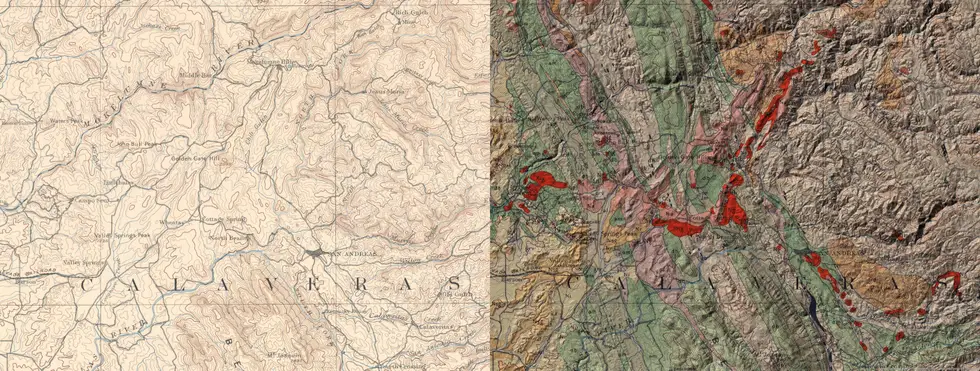 Una imagen de antes y después de un mapa de geología económica de Jackson Peak, California, de 1894 que ha sido digitalizado.