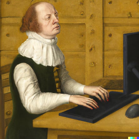 Un hombre con gorguera y jubón sentado frente a una computadora de escritorio