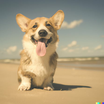 Una imagen descolorida y de enfoque suave de un corgi en una playa