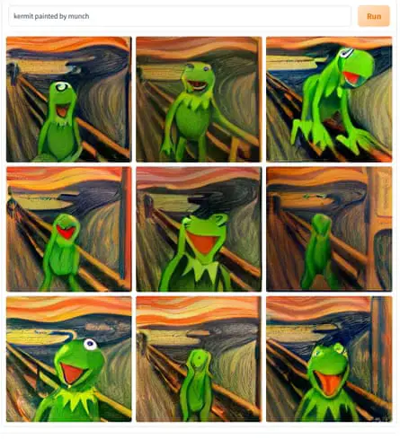 Un collage de imágenes de Kermit the Frog como la figura en el puente en The Scream de Munch