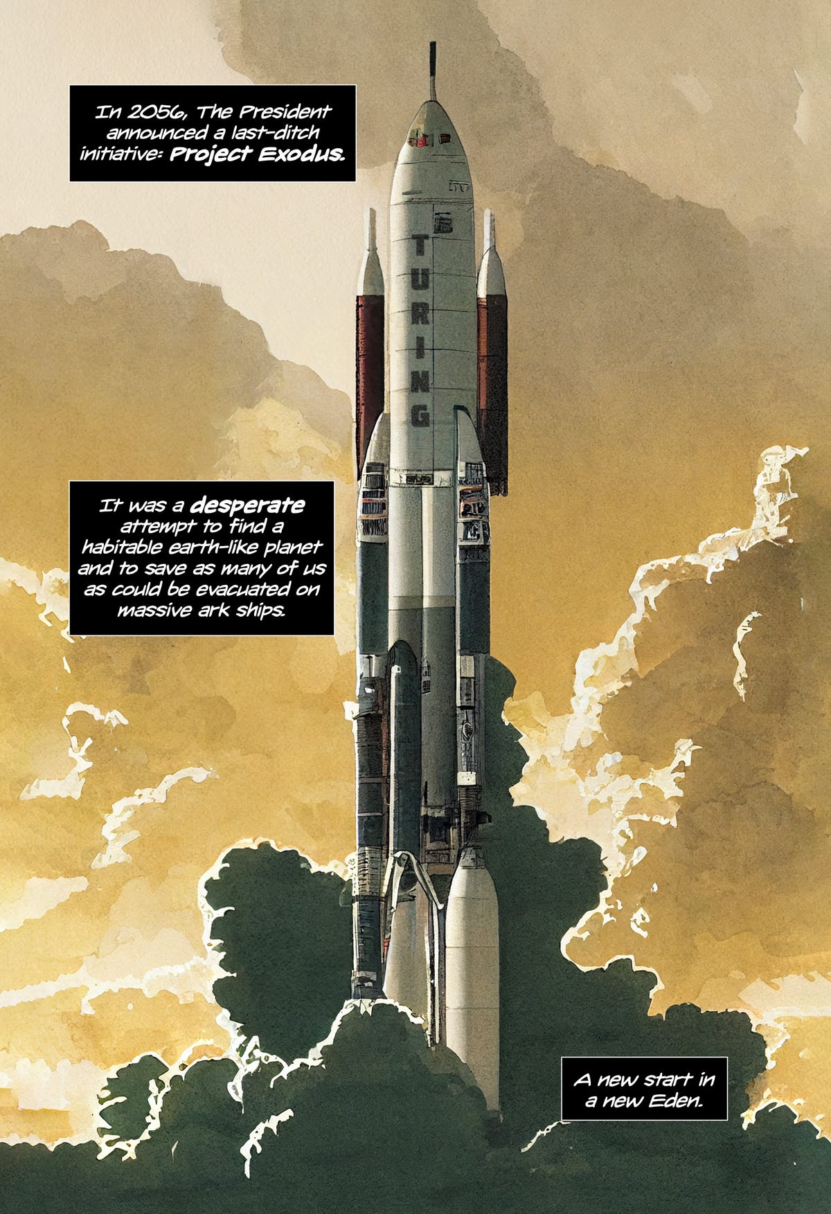 Una página de The Exodus, que muestra cohetes apuntando hacia arriba.