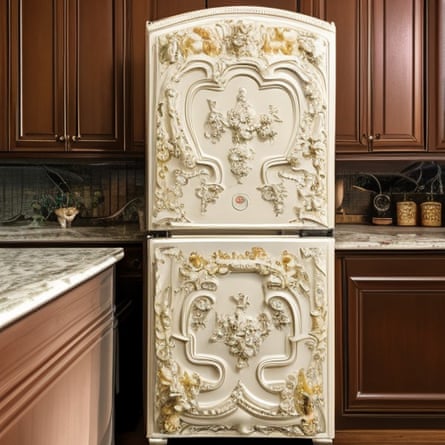 “Refrigerador de estilo rococó, detallado, en la cocina”, generado por un artista de IA