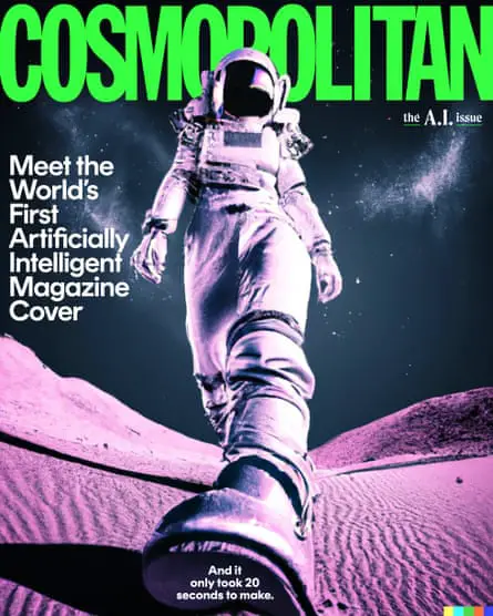 La portada de Cosmopolitan que muestra a un astronauta caminando en un planeta de color púrpura y leyendo 