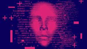 Gráfico del perfil frontal de la cara artificial en tono rojo rosado con código binario y símbolos que lo rodean, que simbolizan la inteligencia artificial y las acciones de IA