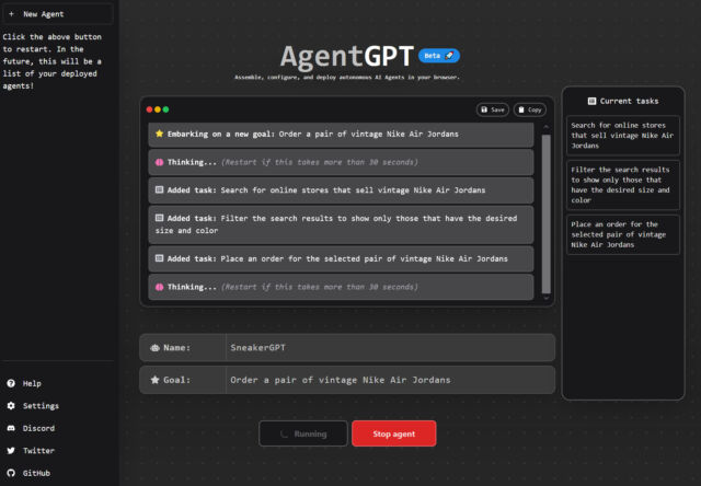 Una captura de pantalla de AgentGPT, basada en Auto-GPT, ejecutando una tarea de intentar comprar un par de zapatos Air Jordan antiguos.