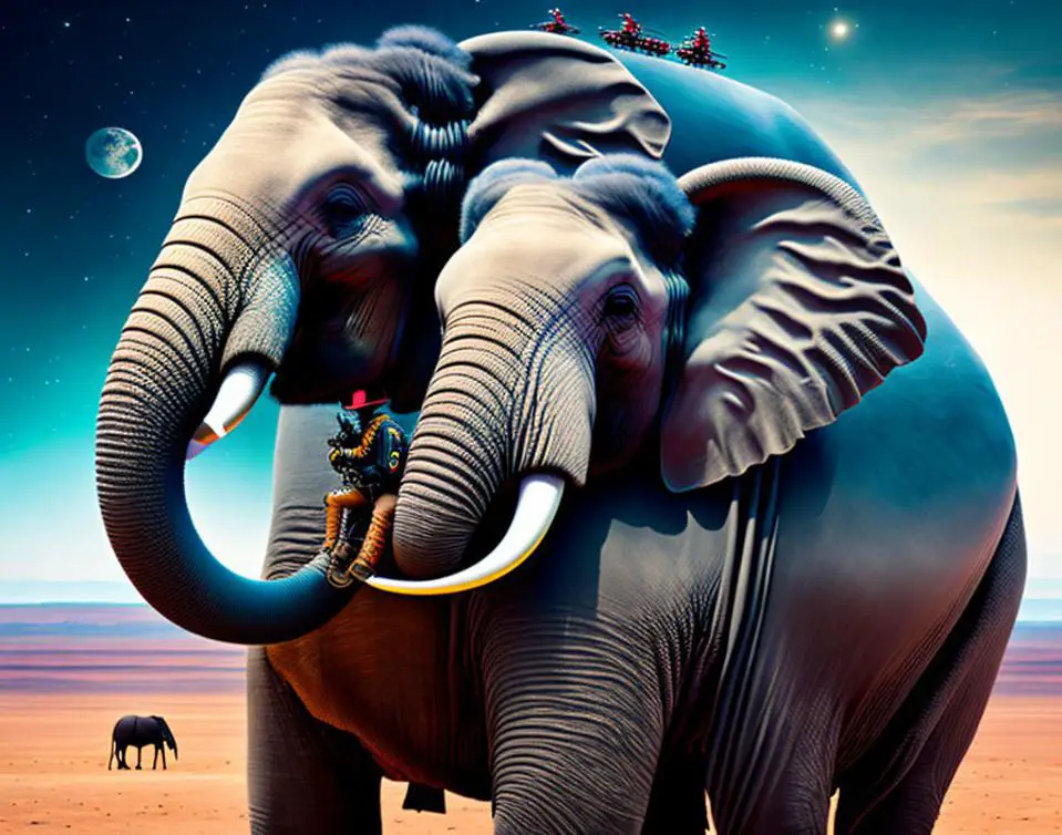Una imagen generada por la IA del mensaje "Un vaquero futurista cabalgando un elefante en el espacio".  (Generador de sueños profundos)