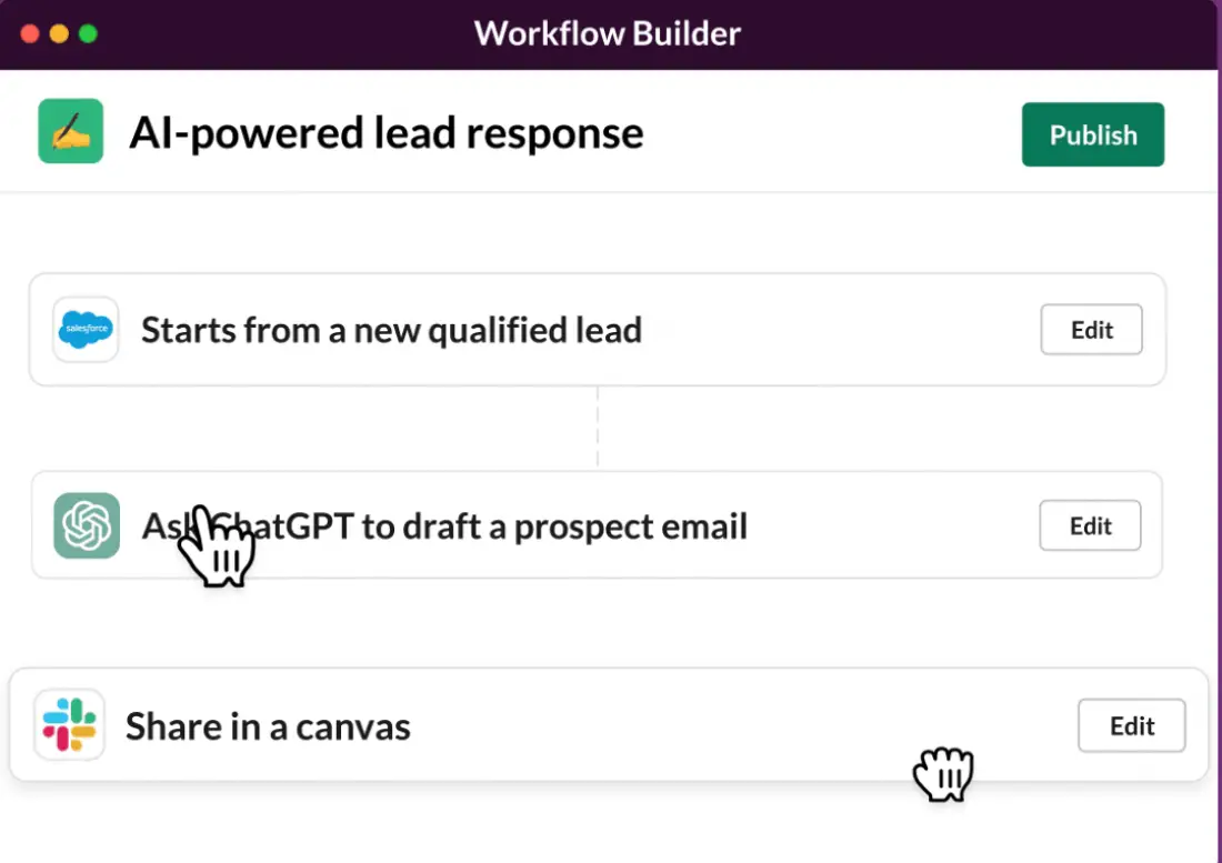 Cursor sobre una opción en Slack Workflow Builder para pedirle a ChatGPT que redacte un correo electrónico de prospecto
