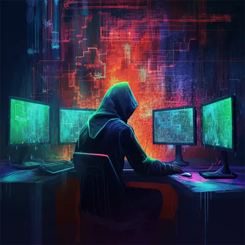 Pirata informático encapuchado en cuarto oscuro que se sienta delante de cuatro terminales