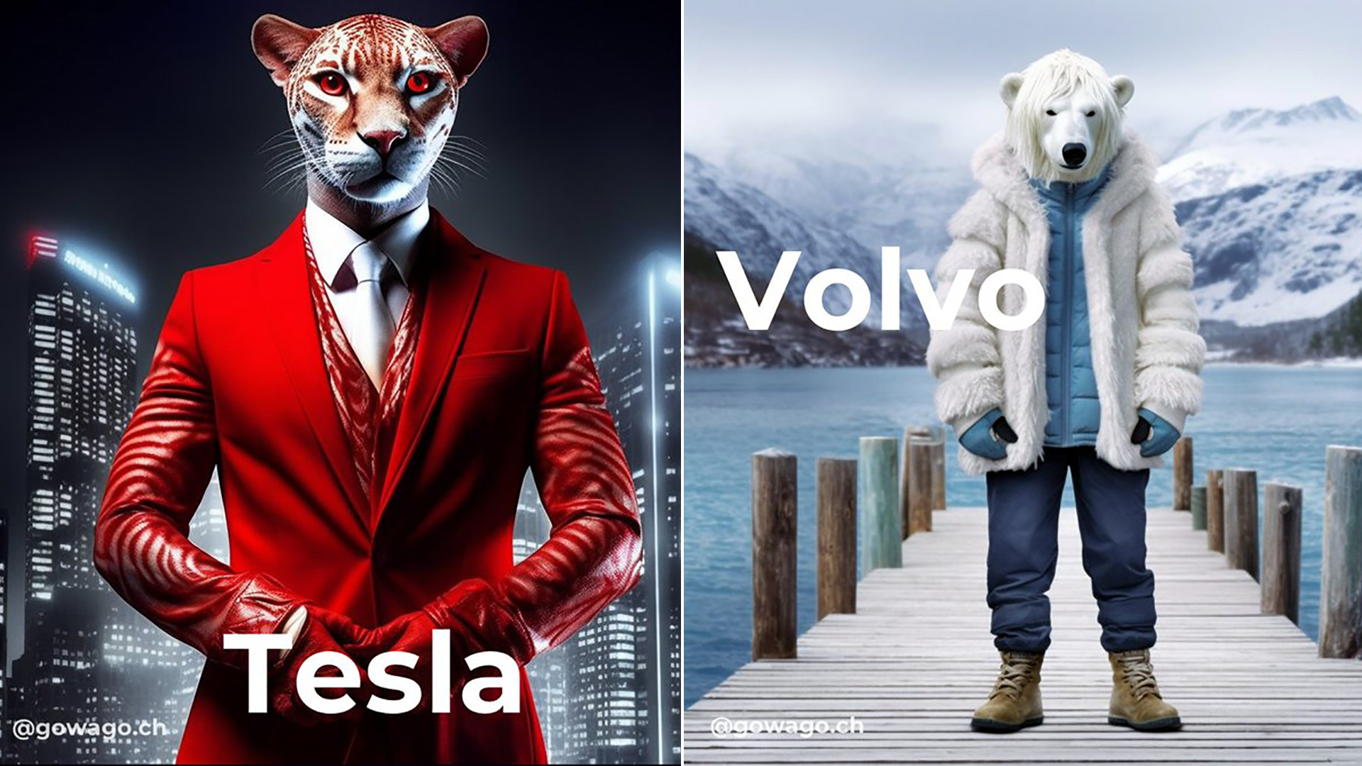 Un disruptivo guepardo se asocia a Tesla y también a Elon Musk, en tanto un oso polar queda como referencia de un Volvo