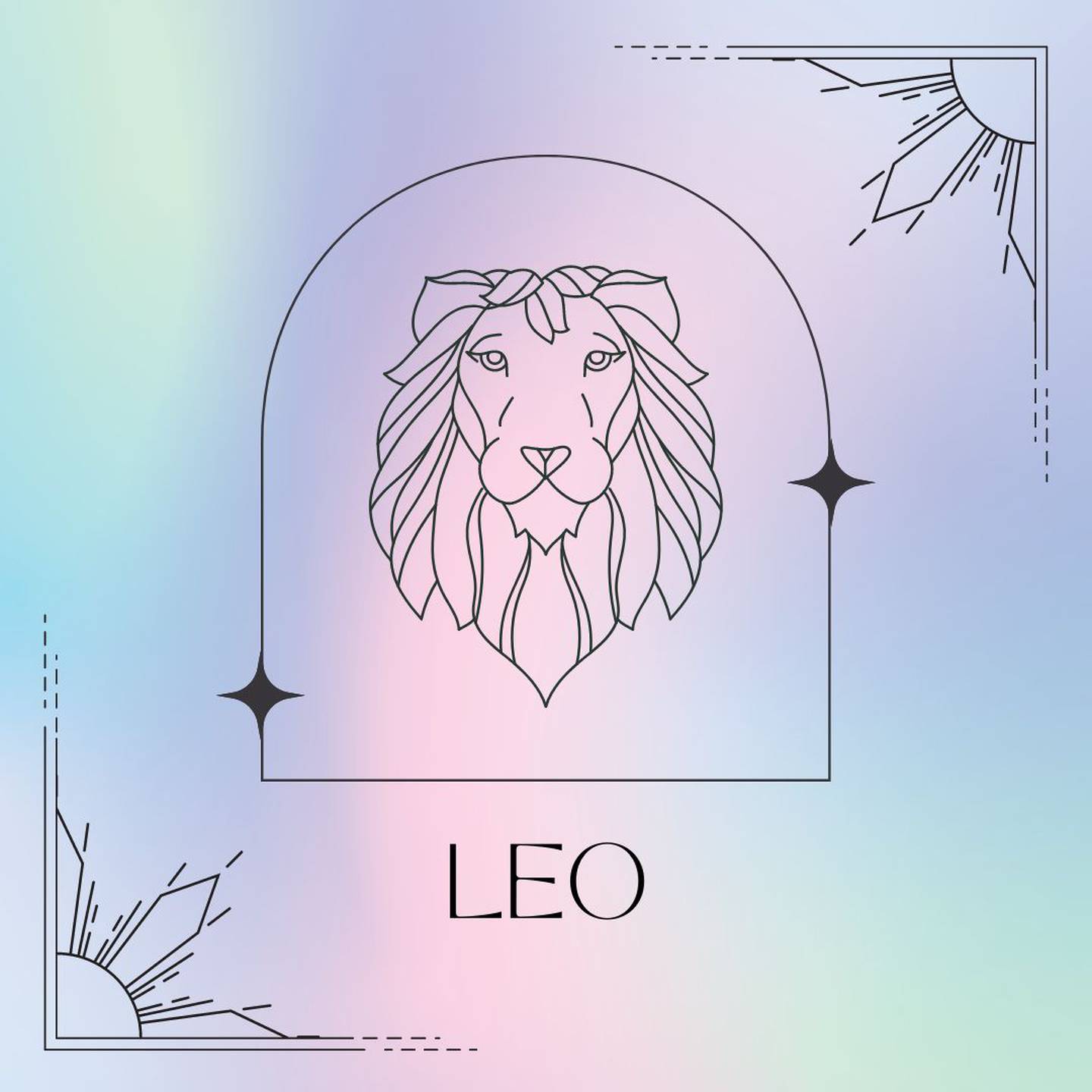 dibujado en negro, el símbolo de Leo aparece enmarcado sobre un fondo de colores suaves pastel.