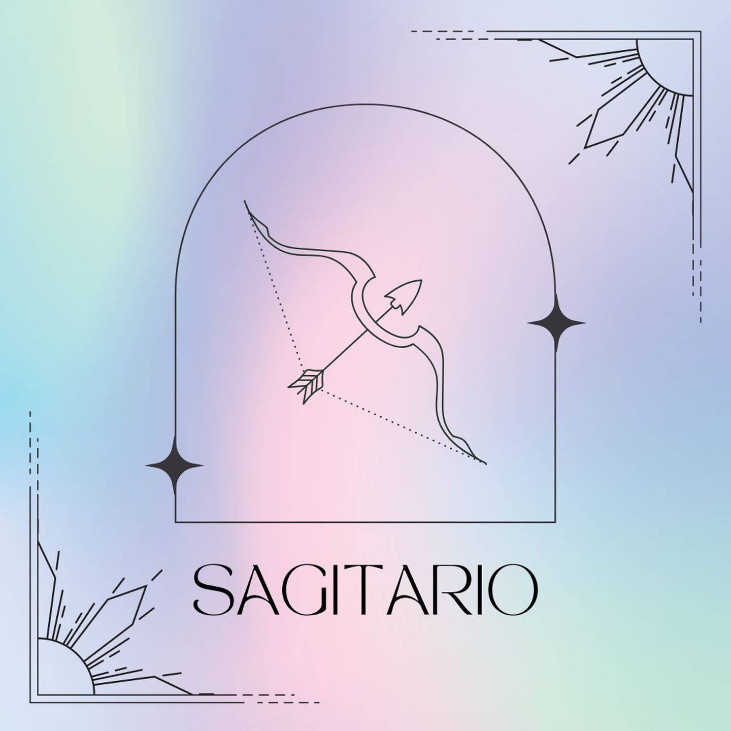 dibujado en negro, el símbolo de Sagitario aparece enmarcado sobre un fondo de colores suaves pastel.